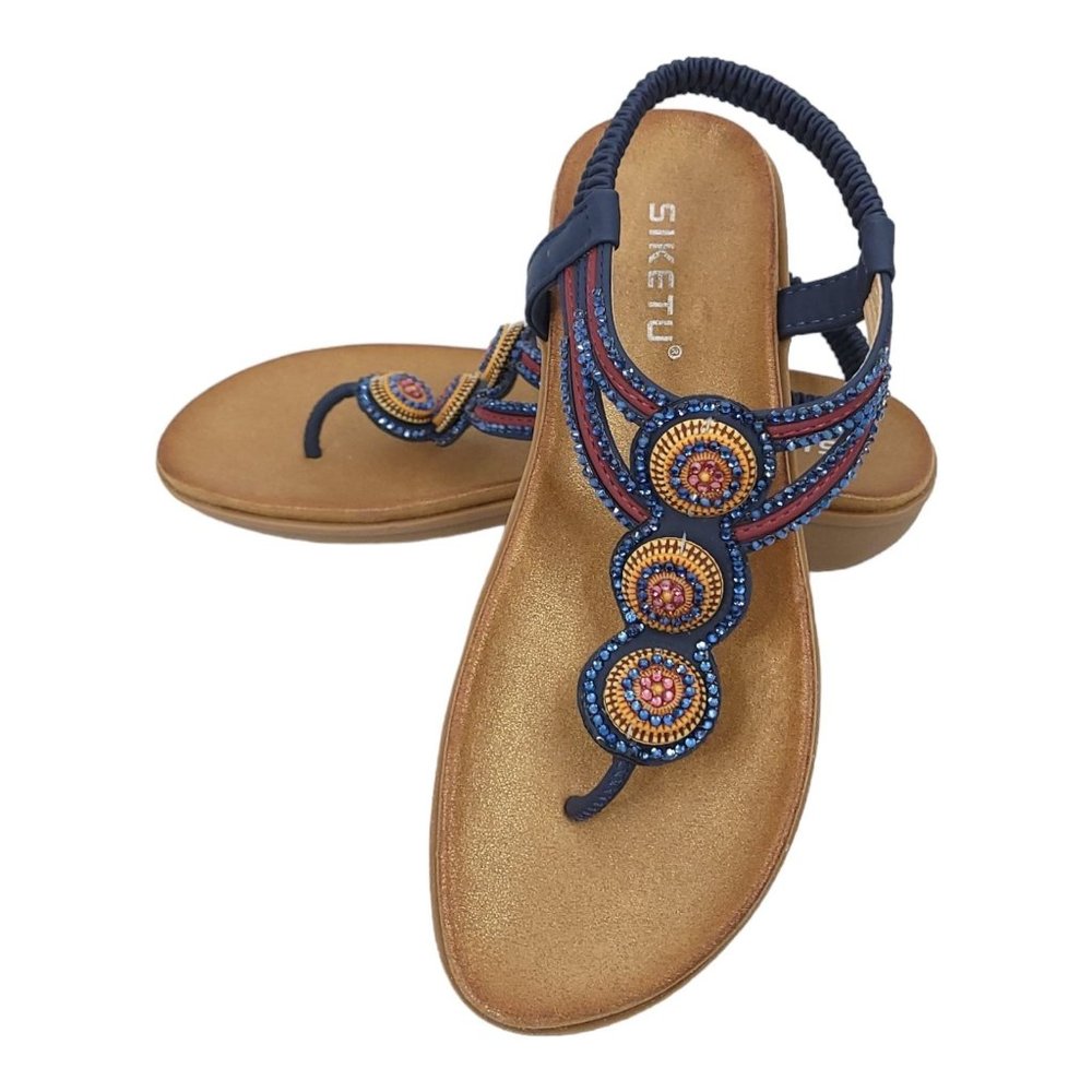 Siketu Boho Slingback Thong Sandals Womens US 8 EU 39 Blue Rhinestones Crystals